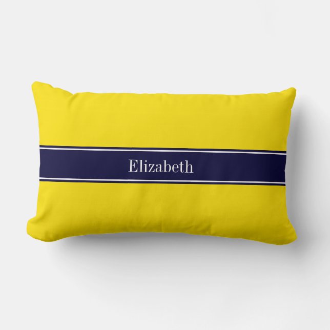 Coussin Rectangle Solid Yellow, Navy Blue Ribbon Monogram (Recto)