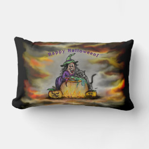 Coussin Rectangle Sorcière et chat noir, Happy Halloween !