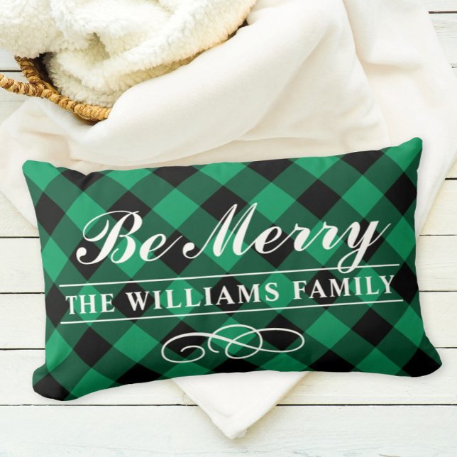 Coussin Rectangle Soyez Joyeux Buffalo Vert Plaid Famille Monogramme (Créateur téléchargé)