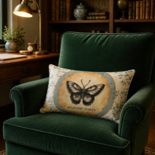 Coussin Rectangle Spécimen Papillon Vintage Vert Sauge Bienvenue