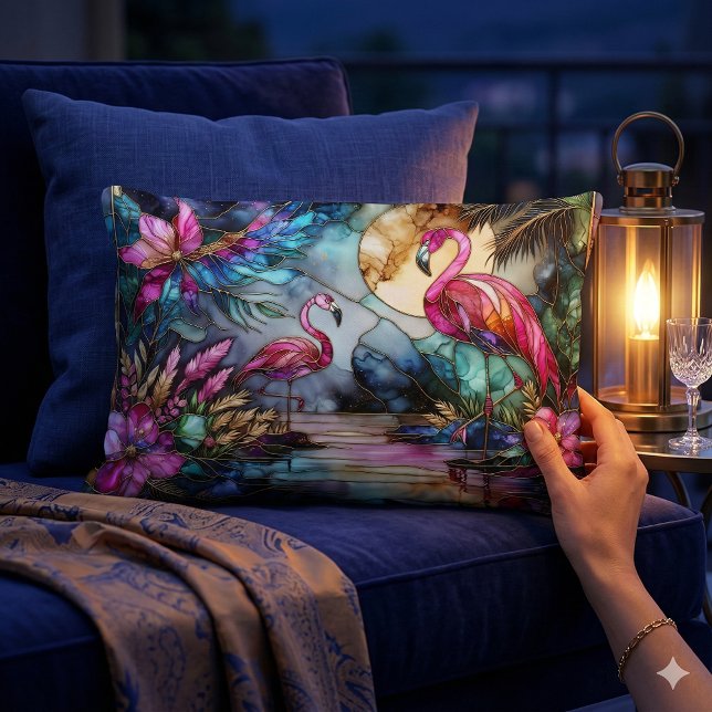Coussin Rectangle Stained Glass Flamingo Moon Garden (Stained Glass Flamingo Moon Garden Lumbar Pillow Mockup A)