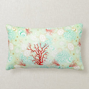 Coussin Rectangle Style côtier beau corail rouge turquoise turquois