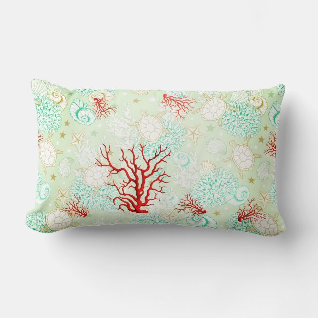 Coussin Rectangle Style côtier beau corail rouge turquoise turquoise (Recto)