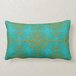 Coussin Rectangle Style vintage damasque motif turquoise aqua or