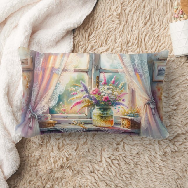 Coussin Rectangle Sunlit Cottage Window Wildflowers (Couverture)