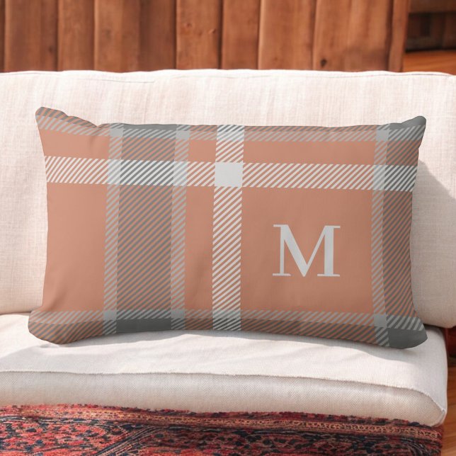 Coussin Rectangle Tartan en terre cuite et gris tartan avec Monogram (Créateur téléchargé)