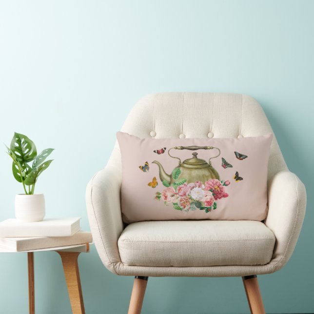 Coussin Rectangle Théière Fleurs Roses et Papillons (Chaise)