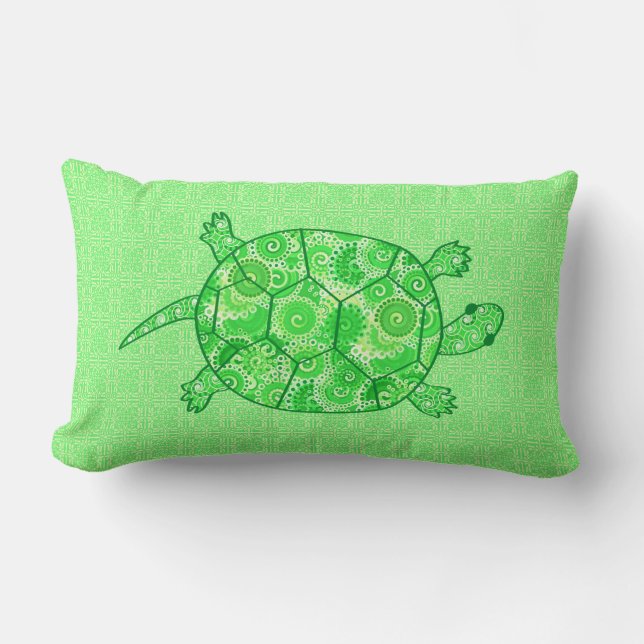 Coussin Rectangle Tortue tourbée fractale - chaux et vert émeraude (Recto)