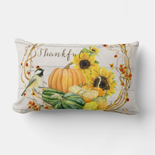 Coussin Rectangle Tournesol Floral Oiseau Aquarelle Automne Citrouil (Recto)