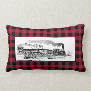 Coussin Rectangle Train à vapeur vintage sur Red Buffalo Plaid