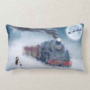 Coussin Rectangle Train de Noël d'hiver avec la fille