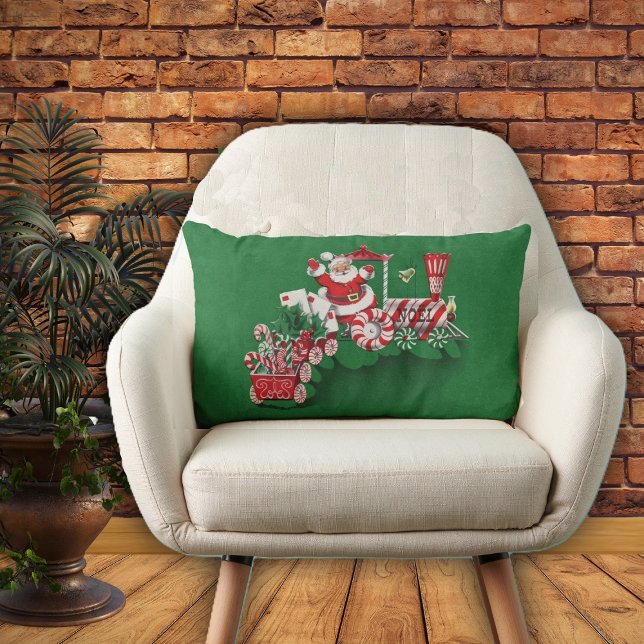 Coussin Rectangle Train vintage Santa Claus Pepperment Candy (Santa riding on Christmas train with letters candy on green Christmas home decor decorative pillow.)