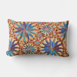 Coussin Rectangle Tribal Mandala Print, Camel Tan et Denim Blue