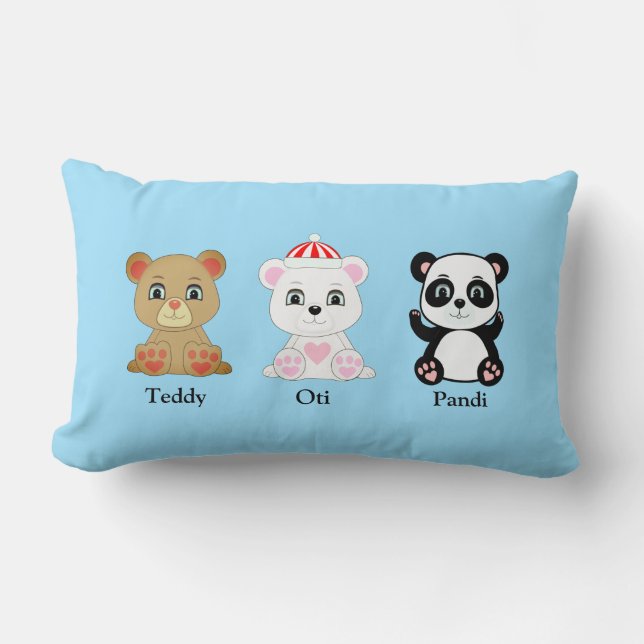 Coussin Rectangle Trois caricatures d'ours mignons sur Columbia Blue (Recto)