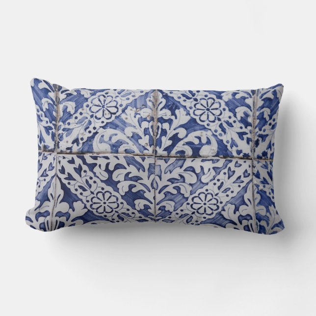 Coussin Rectangle Tuiles portugaises - Azulejo Floral bleu et blanc (Recto)
