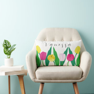 Coussin Rectangle Tulipes Rose Jaune Violet Vert Moderne Personnalis
