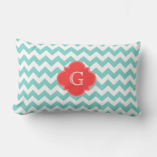 Coussin Rectangle Turq / Aqua Wht Chevron Coral Quatrefoil Monogramm