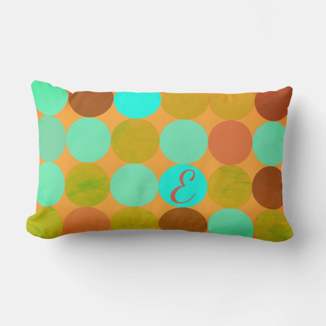 Coussin Rectangle Turquoise Bleu Vert & Cercles Orange Monogramme (Recto)
