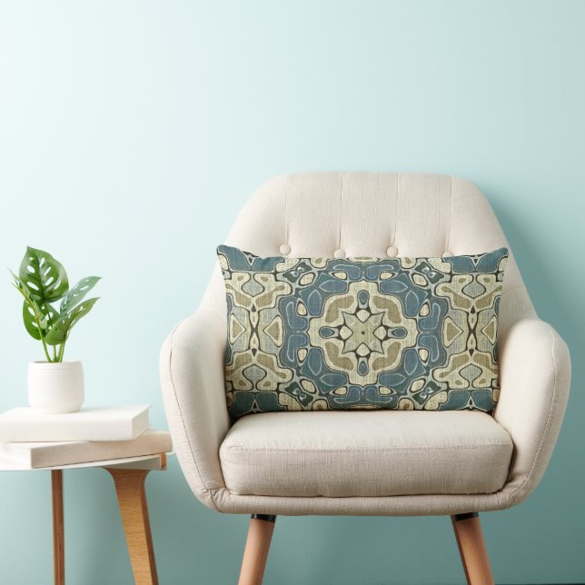 Coussin Rectangle Turquoise Bleu Vert Gris Ochre Hip Bohème Bali Art (Chaise)