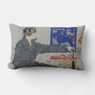 Coussin Rectangle Une femme au café avec peinture Vintage parapluie