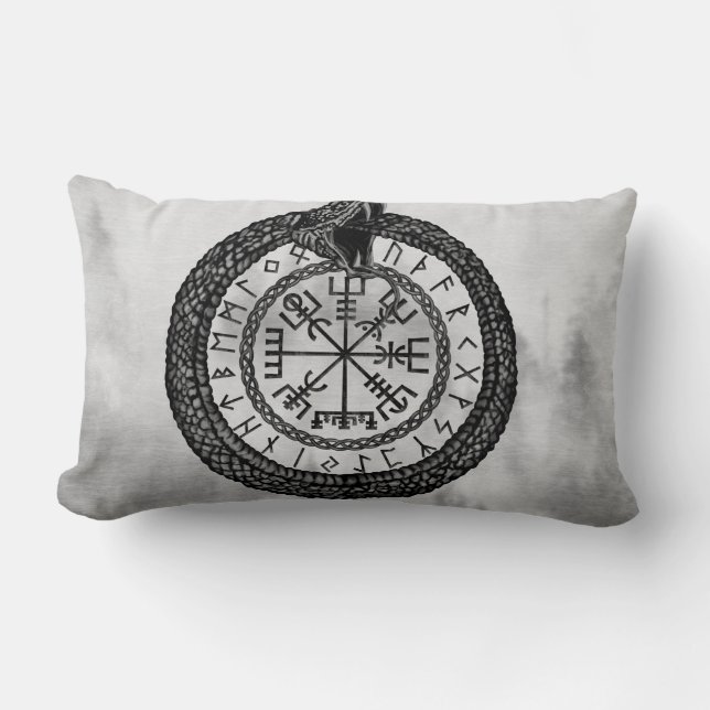 Coussin Rectangle Vegvisir avec Ouroboros et runes - gamme de gris (Recto)