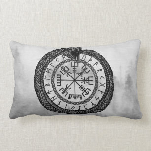 Coussin Rectangle Vegvisir avec Ouroboros et runes - gamme de gris