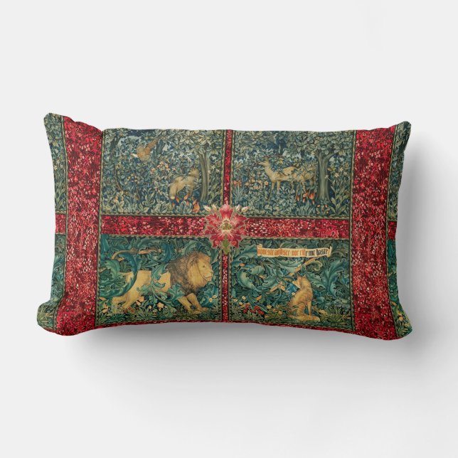 COUSSIN RECTANGLE VERDURE, ANIMAUX FORESTIERS, LION, FOX, PHÉASANT,  (Recto)