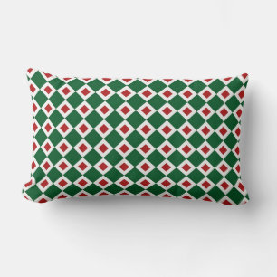 Coussin Rectangle Vert, Blanc, Diamant Rouge Motif
