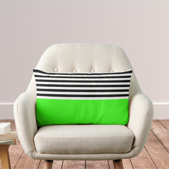 Coussin Rectangle Vert néon avec rayures noires et blanches (Créateur téléchargé)