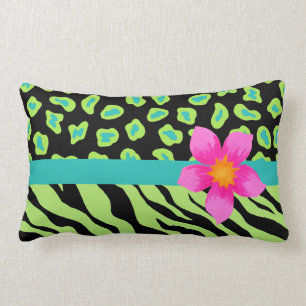 Coussin Rectangle Vert, noir et Turquoise Zèbre et Cheetah Rose Fleu