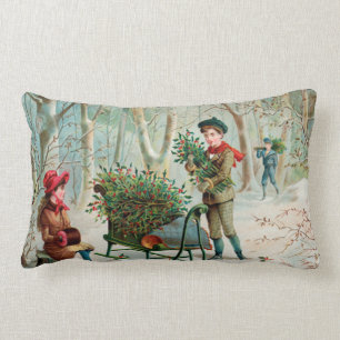 Coussin Rectangle vintage, victorien, rustique, noël, motif, fille e