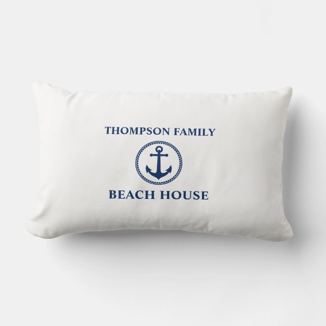 Coussin Rectangle Votre nom Beach House Ancre de mer Marine sur blan (Recto)