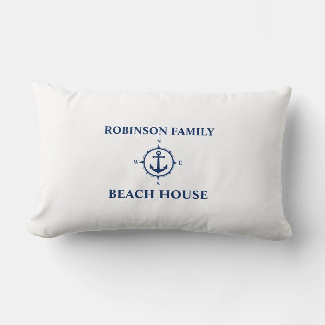 Coussin Rectangle Votre nom Beach House Compass Ancre Blanc (Recto)