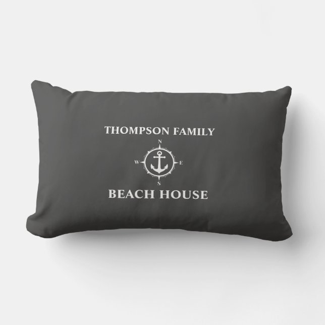 Coussin Rectangle Votre nom Beach House Compass Ancre Gris (Recto)