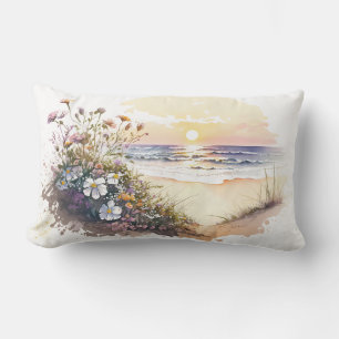 Coussin Rectangle Watercolor Ocean Beach avec fleurs