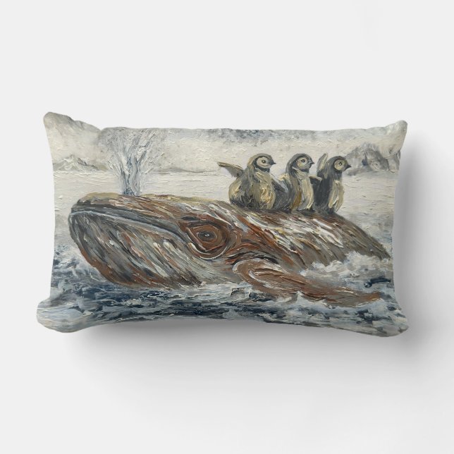 Coussin Rectangle Whale Riders Whimsical Whale and Penguin Ocean (Recto)