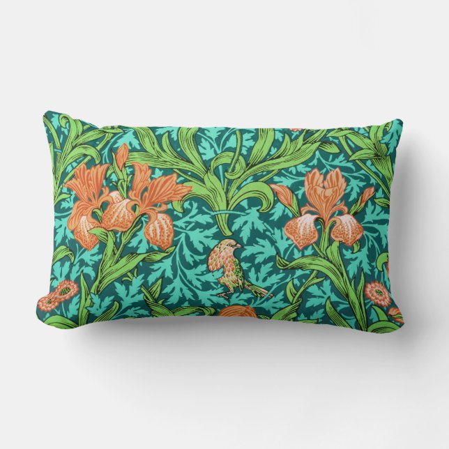 Coussin Rectangle William Morris Irises, orange et turquoise (Recto)