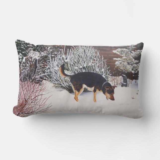 Coussin Rectangle Winter snow scene with cute black and tan dog (Recto)