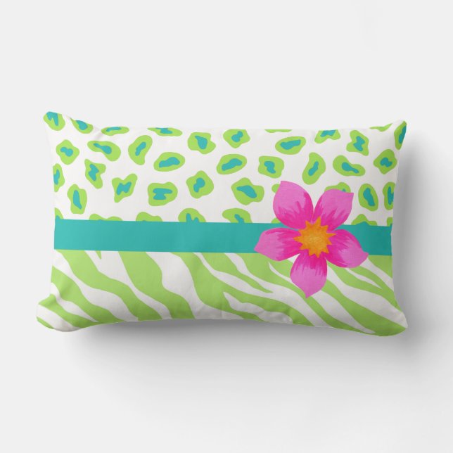 Coussin Rectangle Zèbre vert, blanc et Turquoise & Fleur orange Chee (Recto)