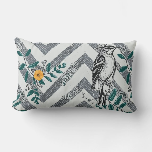 Coussin Rectangle Zigzag Motif d'oiseaux et de fleurs (Recto)
