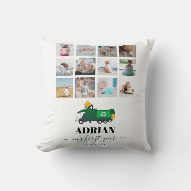 Coussin Recyclage Camion à ordures Bébé Garçon 1ère année  (Recto)