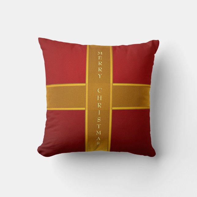 Coussin Red and Gold Gift Wrapped Merry Christmas Design (Recto)