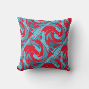 Coussin Red Aqua Turquoise Diagonal Twirling Art Design