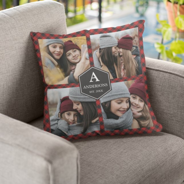 Coussin Red Buffalo Plaid Lumberjack Family Photo Collage (Créateur téléchargé)