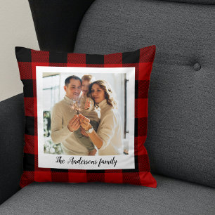 Coussin Red Buffalo Plaid & Nom Personnel Et Photo