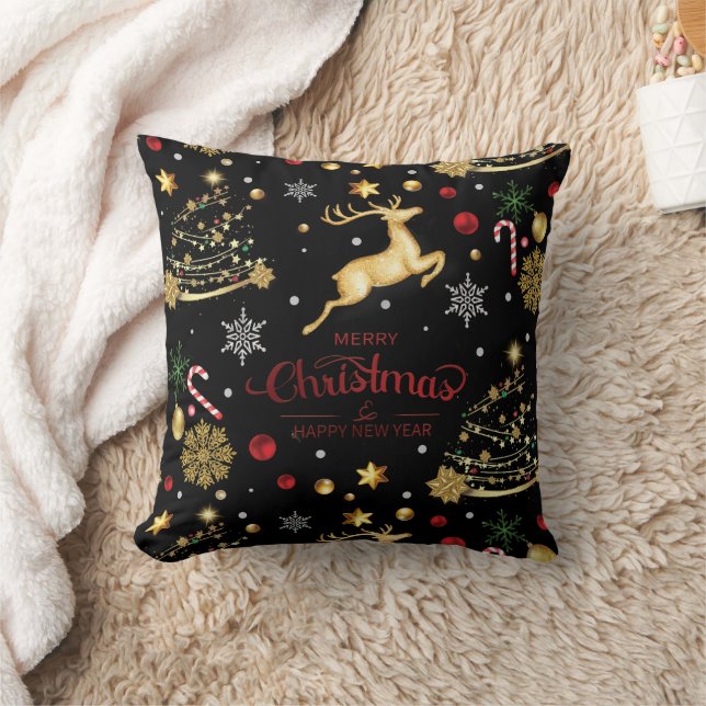 Coussin Red Gold Reindeer Joyeux sapin de Noël (Couverture)