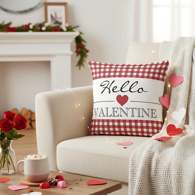 Coussin Red Hello Valentine Plaid Gingham (Créateur téléchargé)