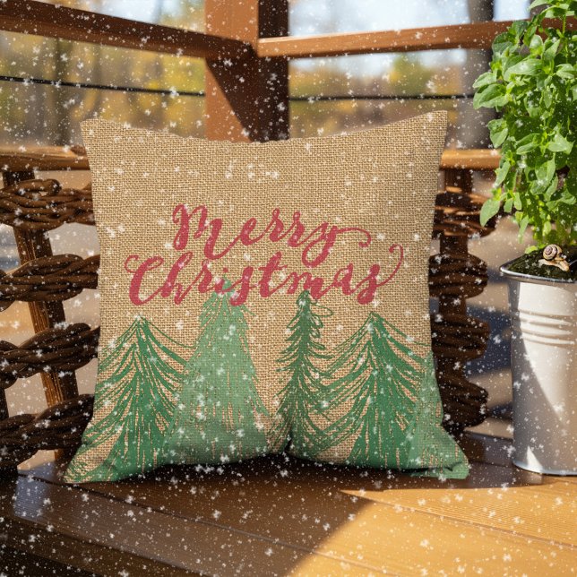 Coussin Red Joyeux Noël Green Trees Faux Jute Burlap (Créateur téléchargé)