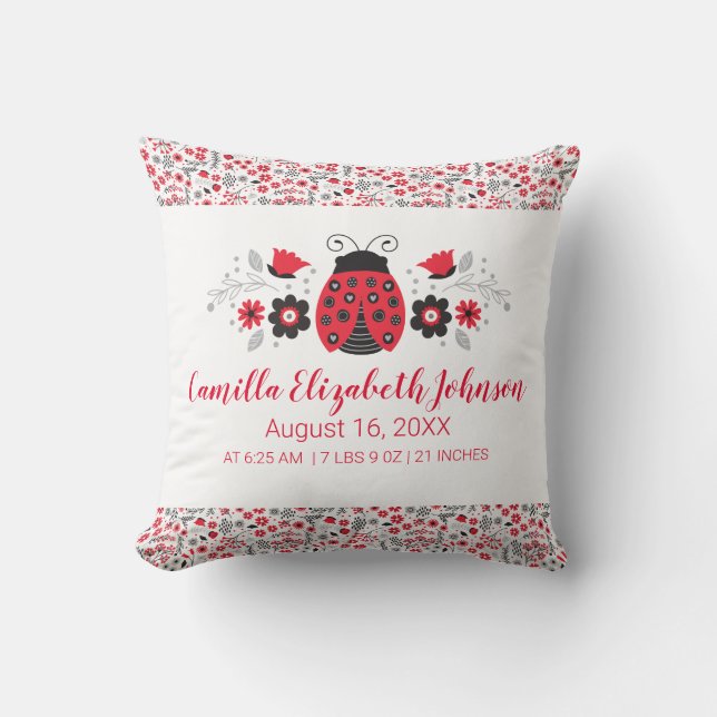 Coussin Red Ladybug Girl Birth Stats Nursery (Recto)