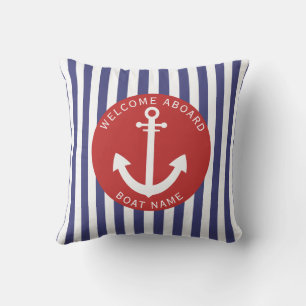 Coussin Red Navy Blue Stripes Nom du bateau Ancre Nautique